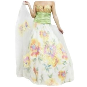 Jovani White Green Poofy Pink Floral Sequined Corset Prom Dress Size 14
